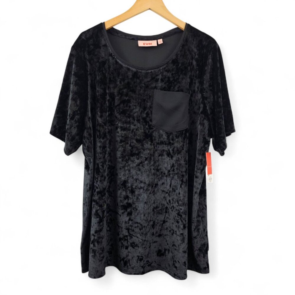 Evri Black Velvet Short Sleeve Top Satin Pocket Womens 2X Scoop Neck Stretch NEW